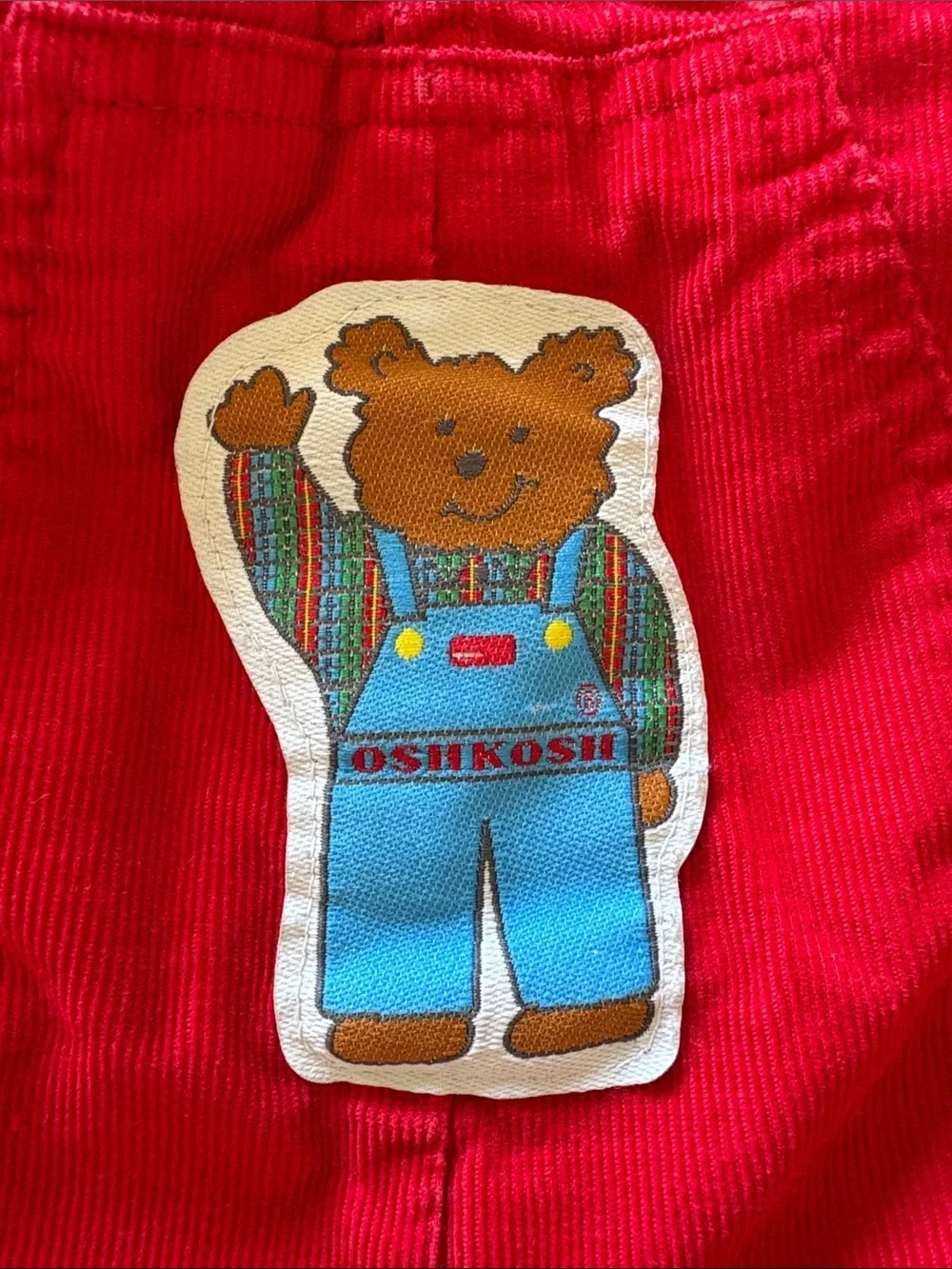 OshKosh Vintage Unisex Red Corduroy Toddler Overalls with Bear Patch 18M